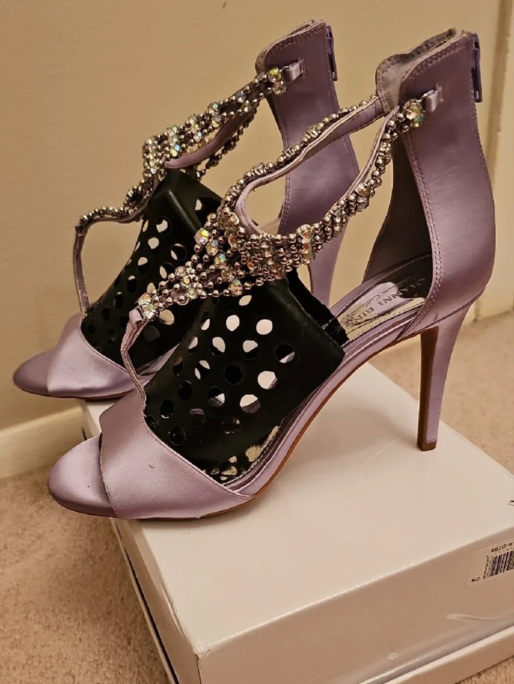 Gianni Bini Lavender Satin Crystal T-Strap Heels - Picture 2 of 7